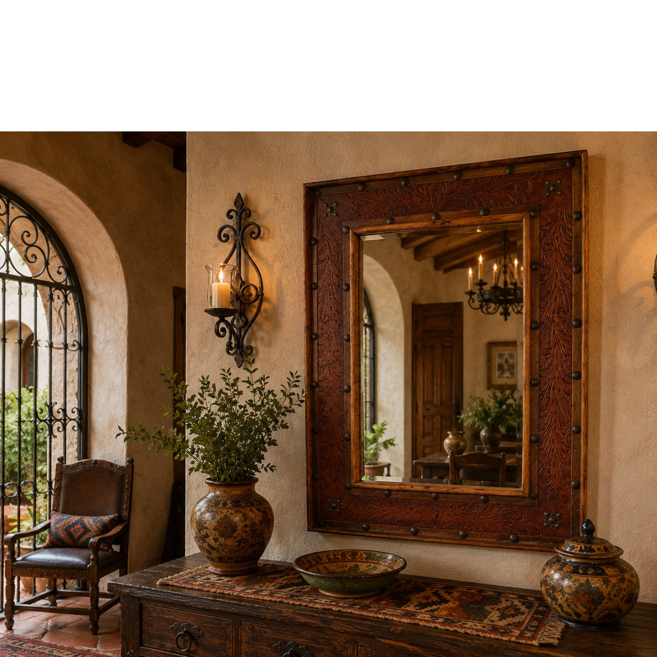 Hacienda Mirror w/ Tooled Leather