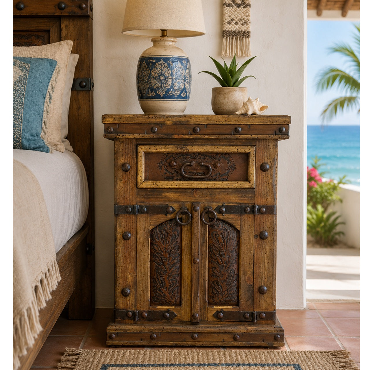 Pueblito Nightstand w/ Tooled Leather