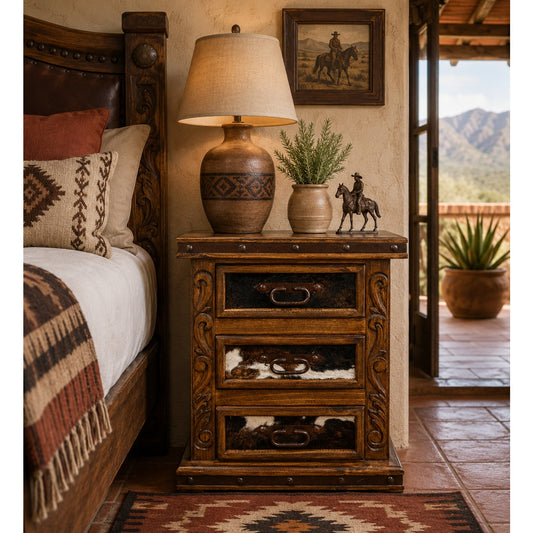 Tablero Carved Nightstand w/ Cowhide