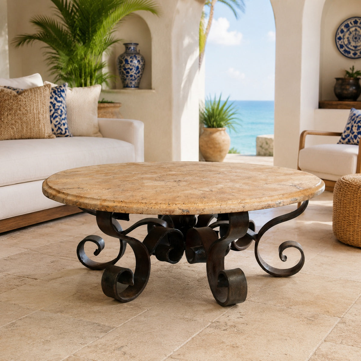 Iron Base Round Coffee Table w/ Stone Top