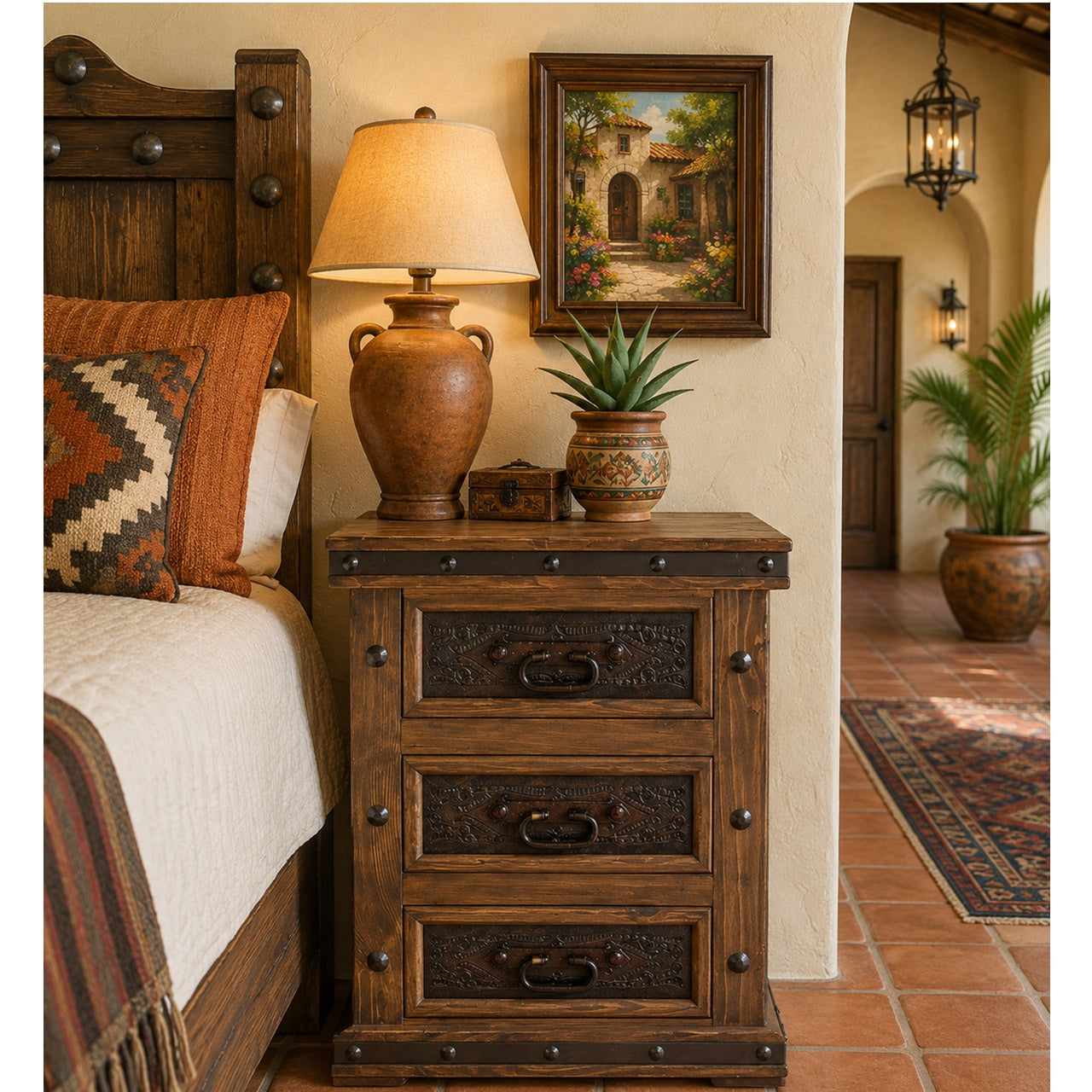 Adela Nightstand w/ Tooled Leather