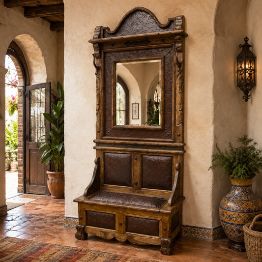 Halltree Bench w/ Tooled Leather