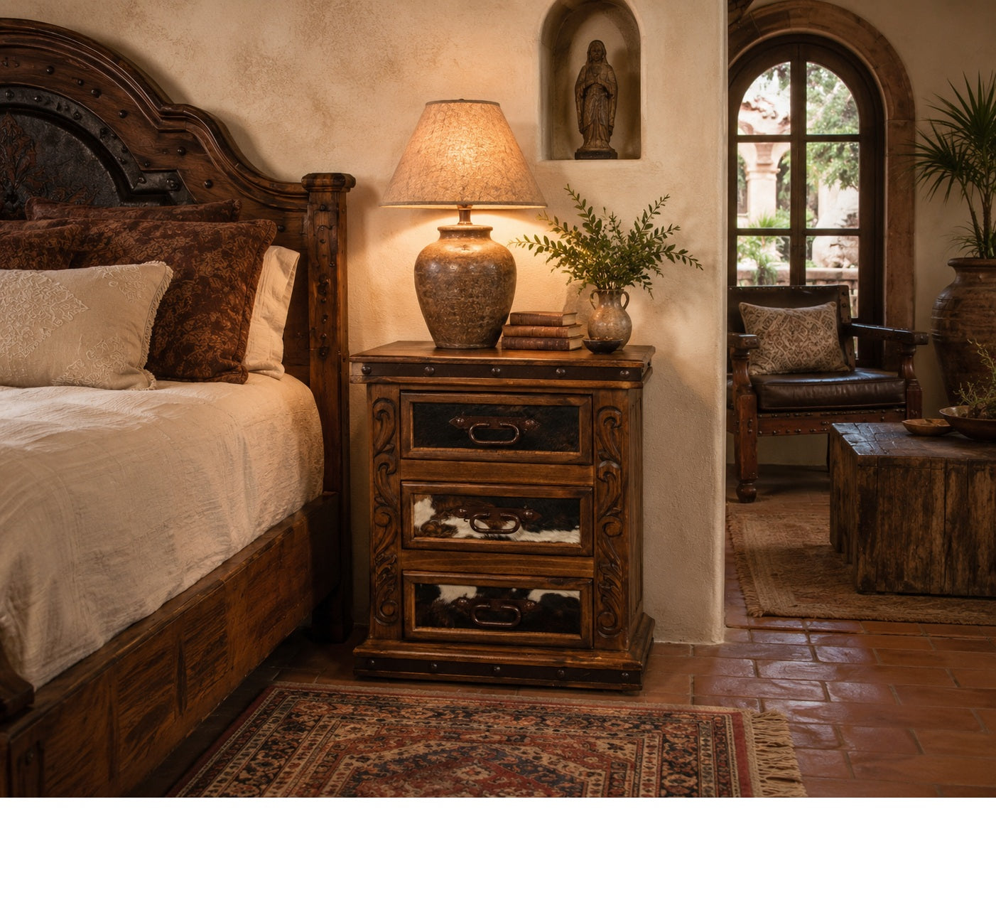 Tablero Carved Nightstand w/ Cowhide